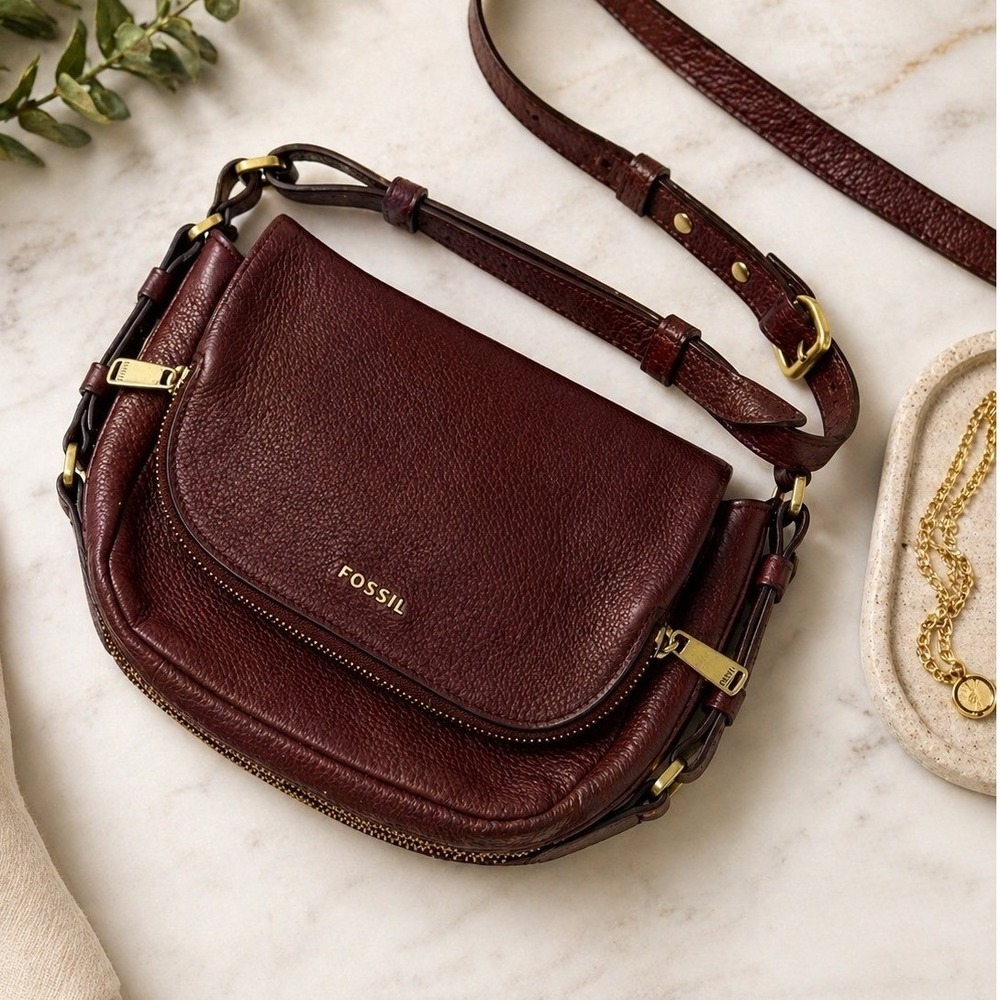 Fossil Preston Crossbody Bag Maroon Leather Flap Oxblood Gold Tone